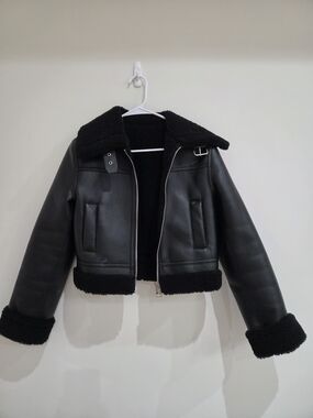 Mango Black Faux Shearling Leather aviator Jacket